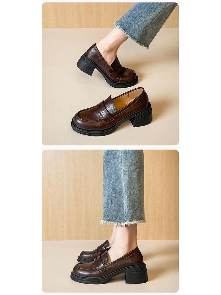 Weiwei Girl Vintage Slip-On Loafers: Chunky Heel, Thick-Soled, British-Style Women's Leather Shoes.