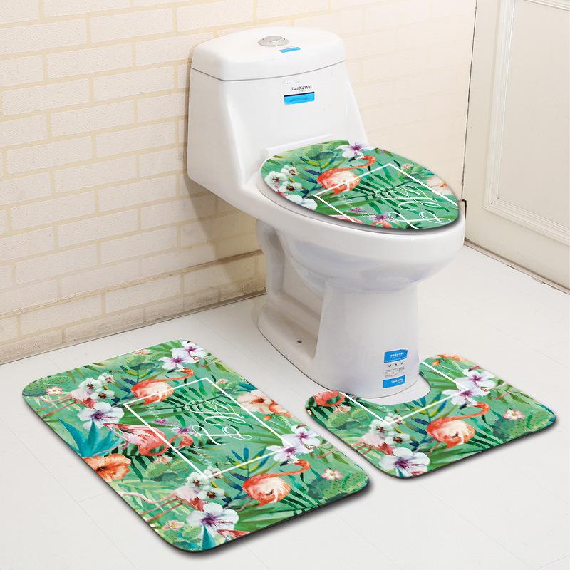 European And American Style Pink Cute Animal Flamingo Floor Mat Carpet Girl Heart Hand-Painted Illustration Toilet Three-Piece Set