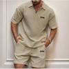New Men's Casual, Fashionable and Comfortable Waffle Checkered Letter Lapel Sportswear Set, Spring and Summer Two-piece Set