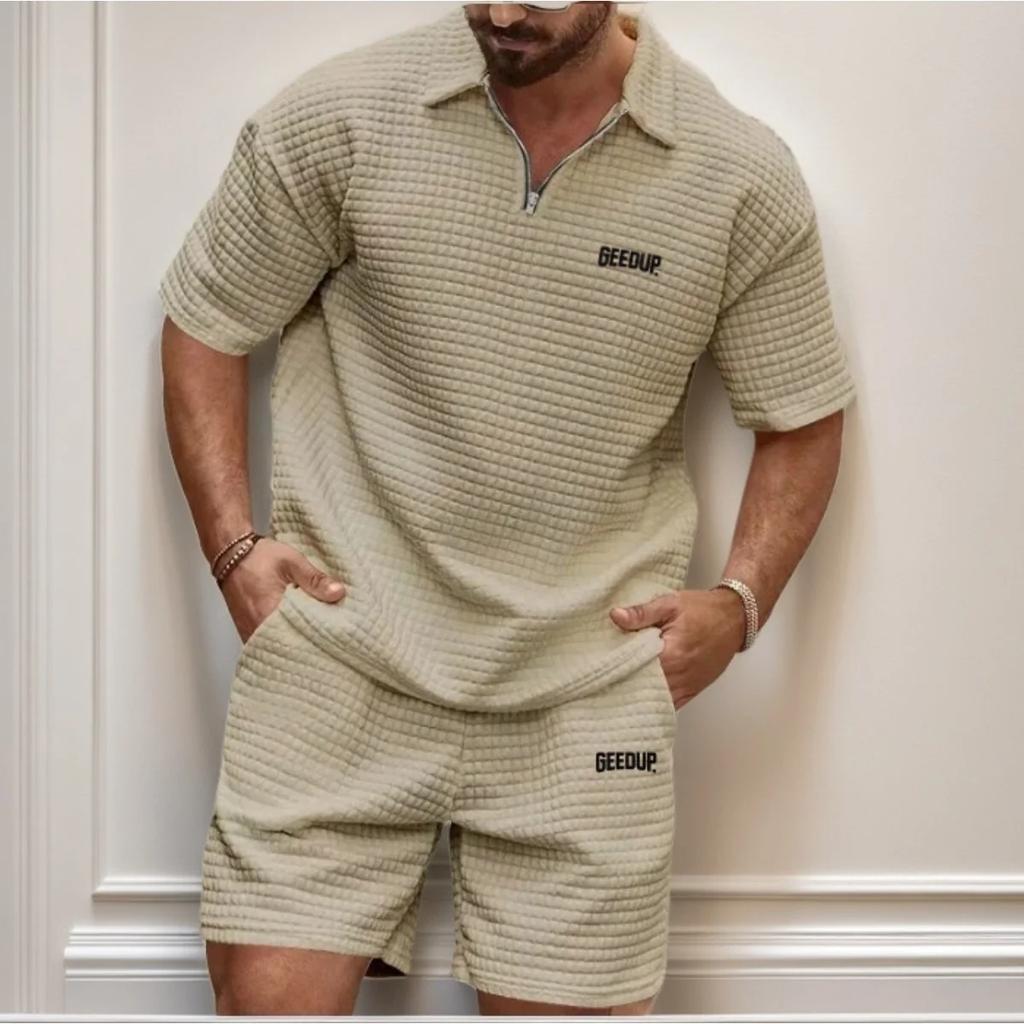 New Men's Casual, Fashionable and Comfortable Waffle Checkered Letter Lapel Sportswear Set, Spring and Summer Two-piece Set