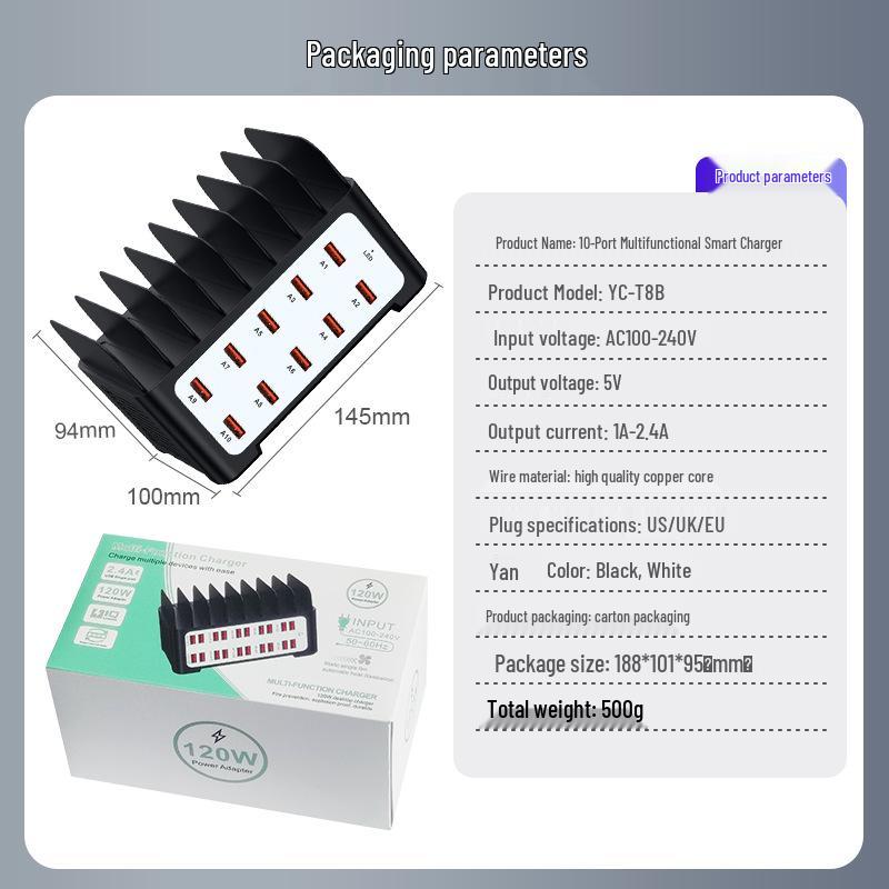 10-Port USB Charger with Stand - Multi-Port Power Strip, 5V 2A