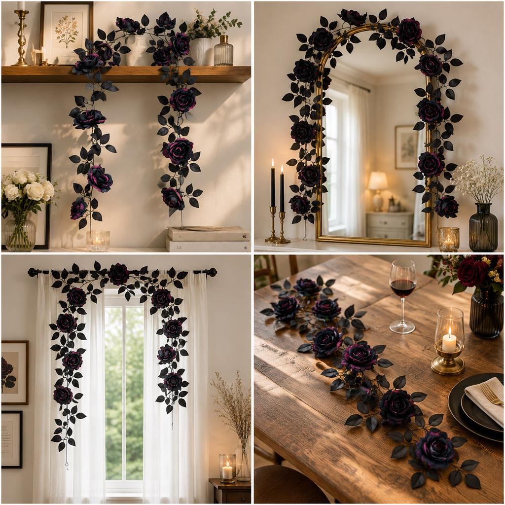 Künstliche Rosenranken-Girlande mit realistischen Blättern und Blumen-Design für Dekorationszwecke im Innen- und Außenbereich Halloween-Party Hausgarten Hochzeit