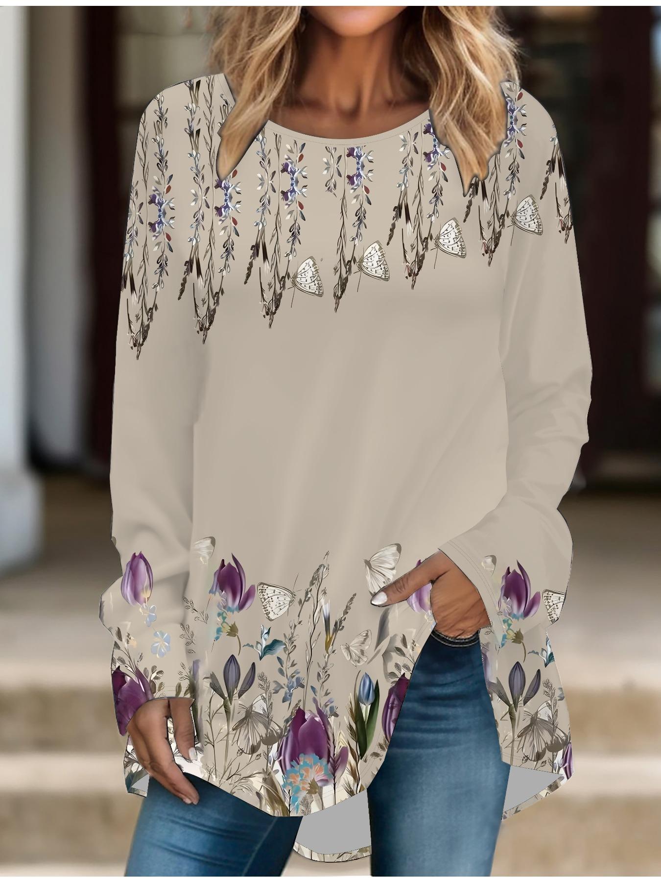 

Женская футболка больших размеров с принтом на весну и Хэллоуин, удобная, с длинным рукавом, круглым вырезом, повседневная, свободного кроя, средней длины 8XL бежевый