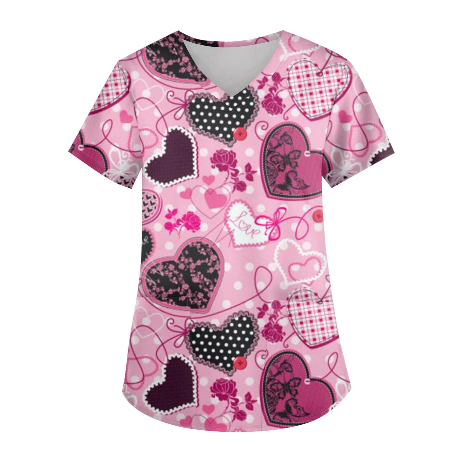 

Ladies Valentine s Day Printed Fashionable V-neck Pocket Short Sleeved Uniform And Caregiver Top XL кавун червоний колір