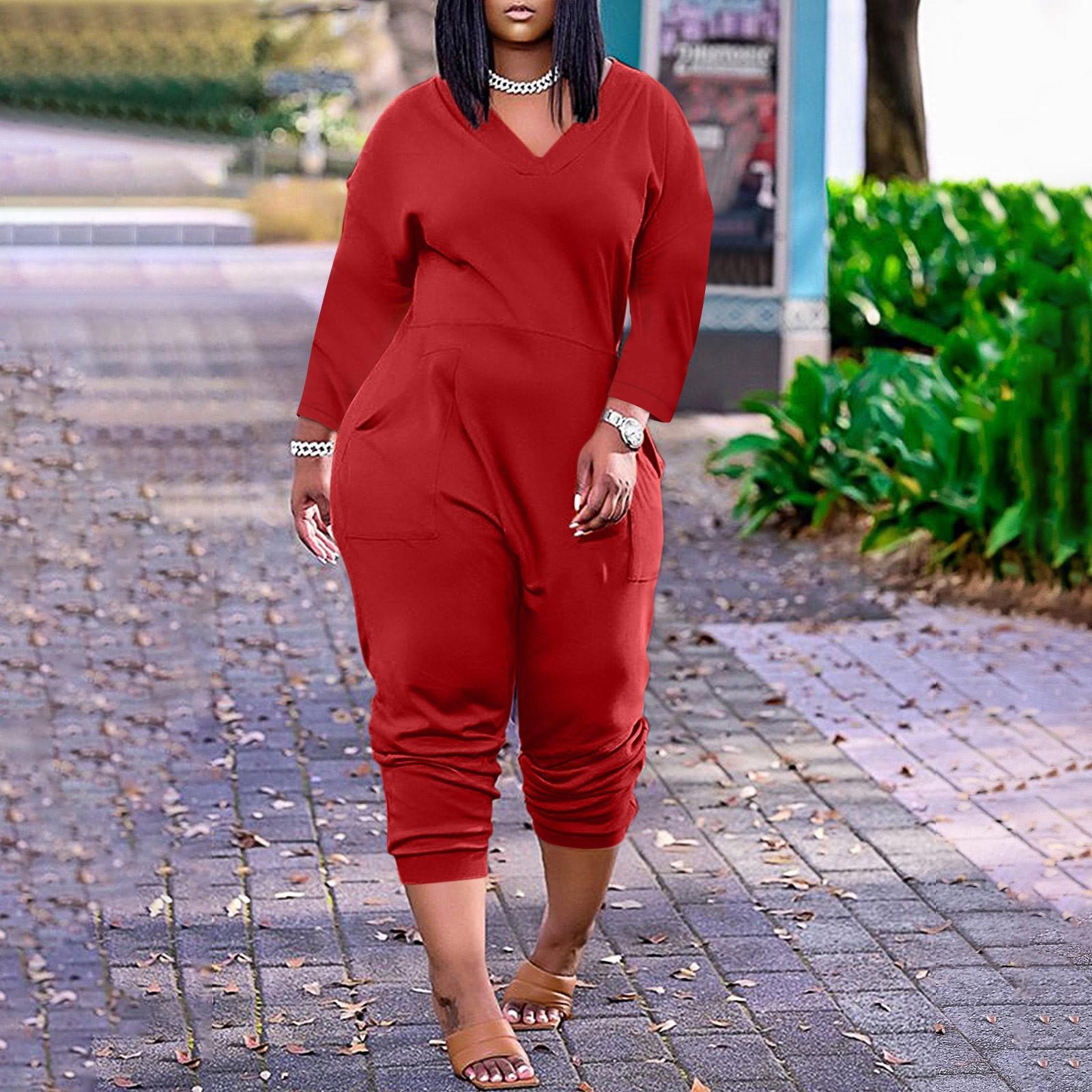 

Женский свободный повседневный однотонный комбинезон с длинными рукавами и v-образным вырезом большого размера XXXXXL красный