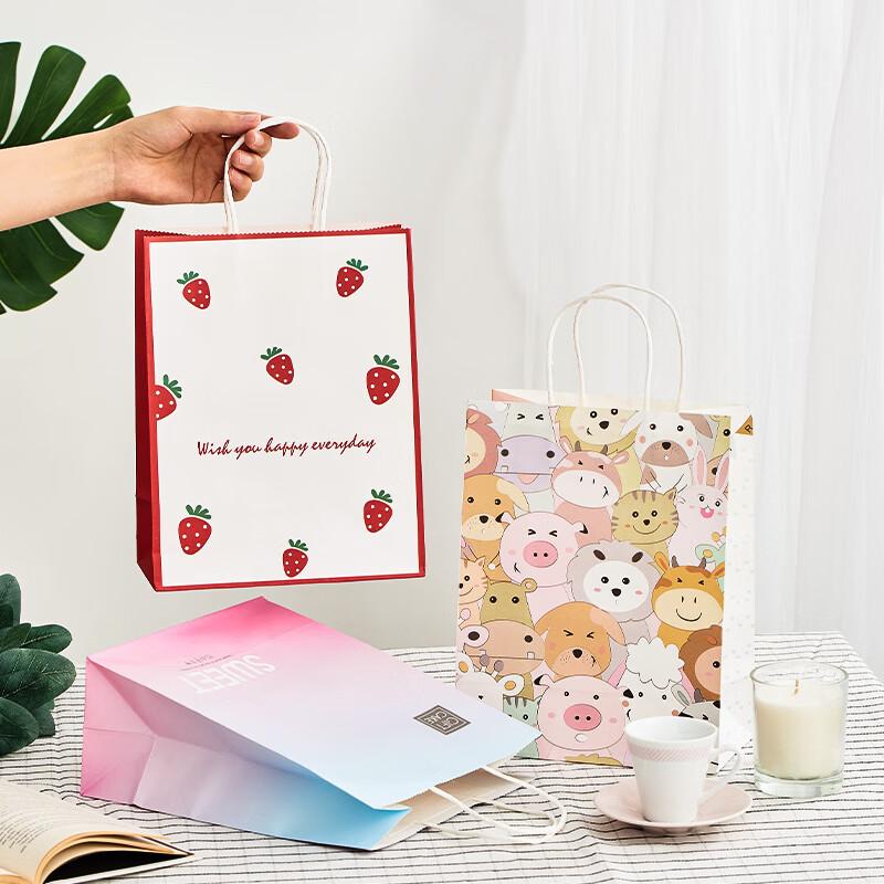 Gift Bags, Small Packaging Bags for Gifts, Large Paper Bags for Birthday, Children's Bags, White Background with Strawberry Pattern, Pack of 10