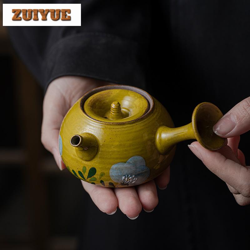 Underglaze Color Camellia Tea Pot Japanese Style Side Handle Teapot Retro Pot Tea Maker Kettle Chinese Tea Set Craft 110/140ml