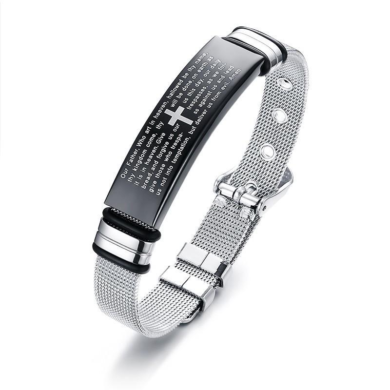 Custom Cross Men's Stainless Steel Bracelet Christian Lord's Prayer Personalized Adjustable
