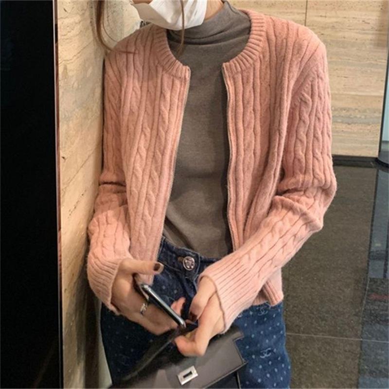 

Ретро короткий свитер-жакет с косами женский осенне-зимний новый с маленьким круглым вырезом на молнии простой вязаный кардиган топ One Size розовый