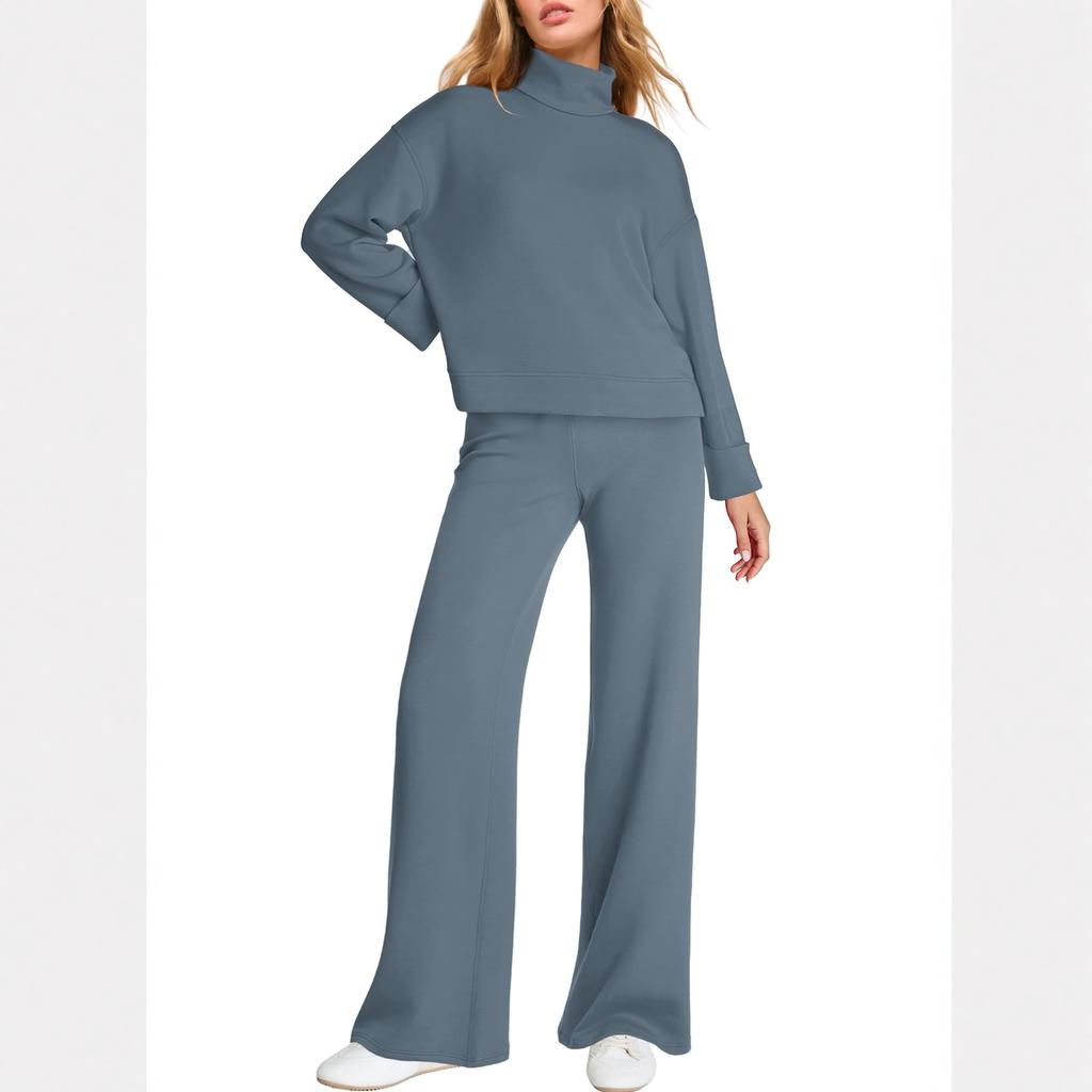 Women's Fashion Casual Color Loose Mock Neck Sweatshirt Suit