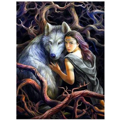 Full 5D Diy Diamond Painting Cartoon Woman and Wolf Broderie Cross Stitch Home Decor Handmade Gift