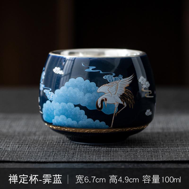 Enamel Crane 999 Pure Silver Inner Liner Tasting Kung Fu Tea Cup Gift Box Set Can Be Gold Stamped with LOGO