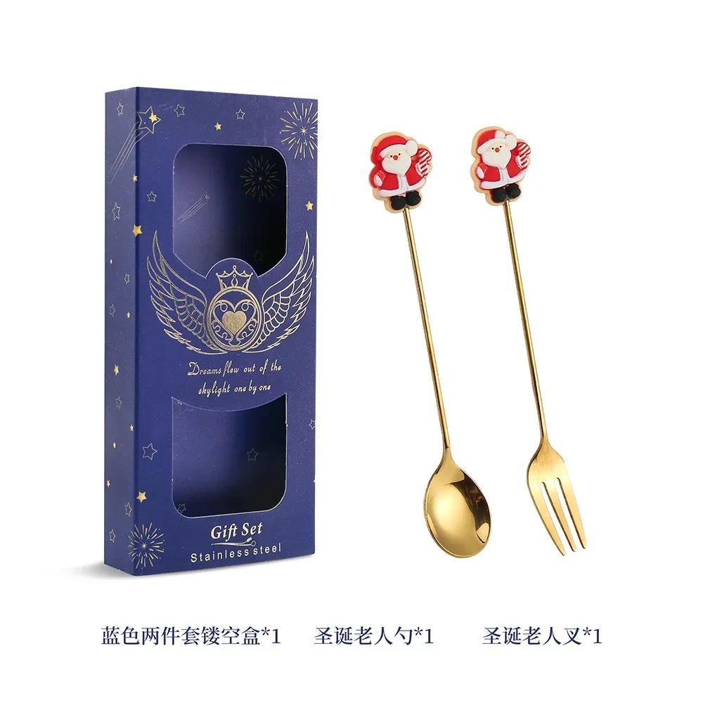 2025 Christmas Spoon and Fork Set Stainless Steel Creative Tableware Coffee Tea Dessert Spoon Spoons with Gift Box 6Pcs New