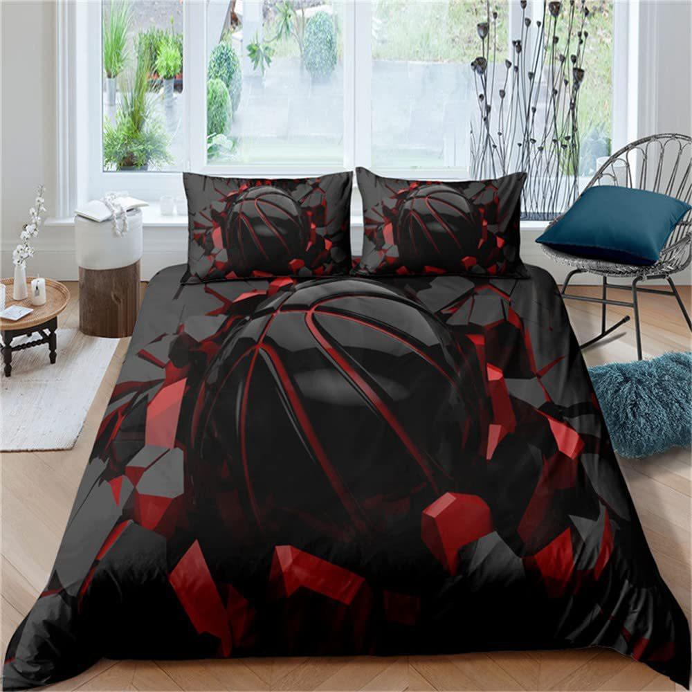 Black basketball quilt cover three-piece set 3D ball sports theme down quilt cover Europe and America