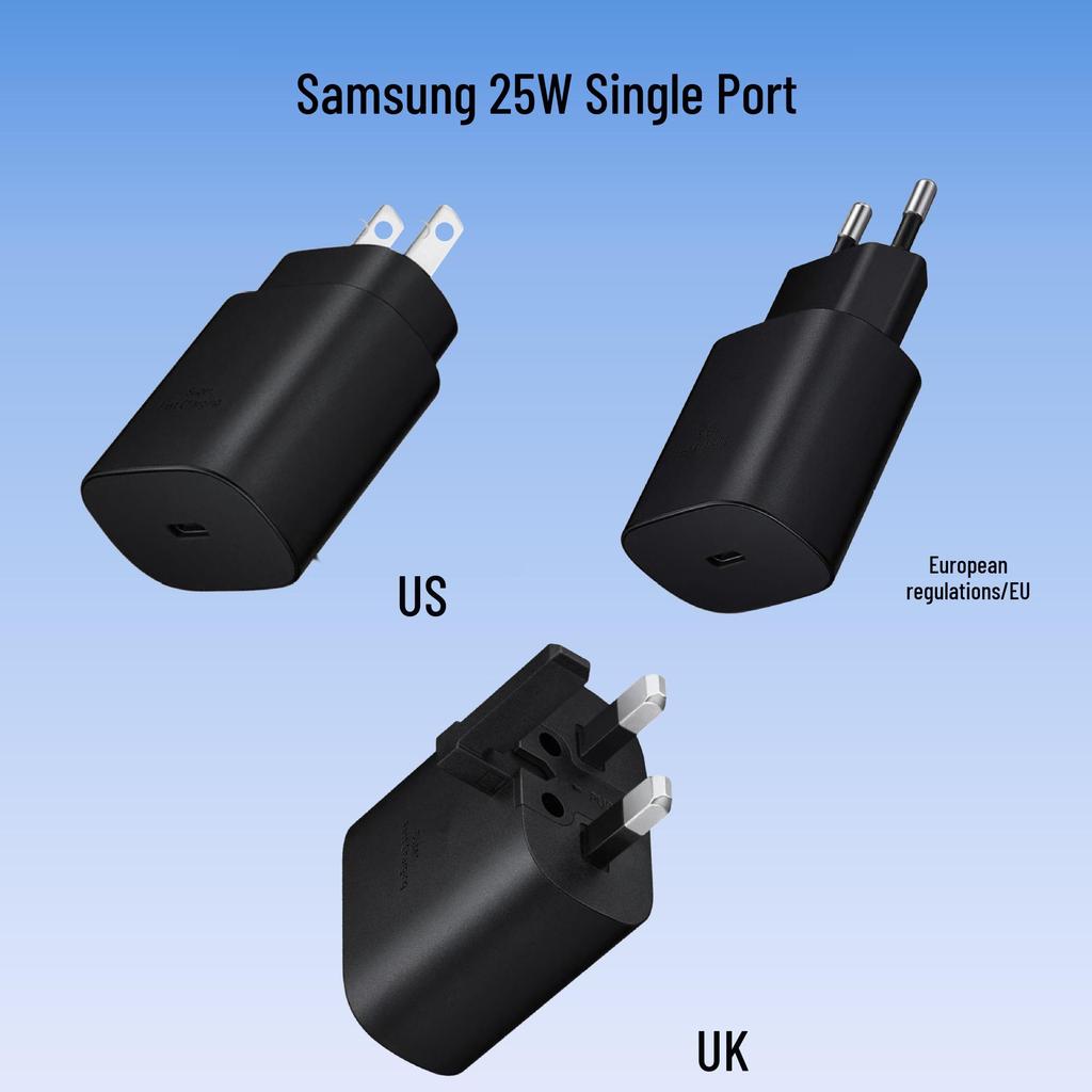 25W Super Fast Charger Set for Samsung Phones – PD 45W Charging Head with Cable, US/EU/China Plug Options.