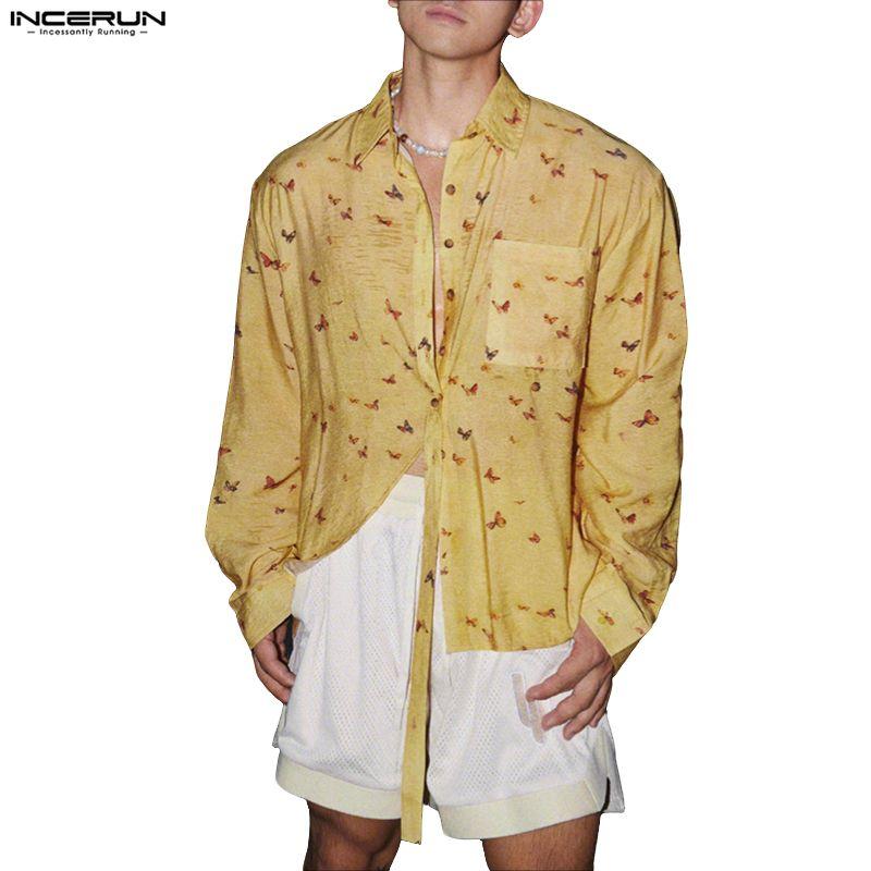INCERUN Oversized Men Lapel Neck Long Sleeve Floral Print Buttons Casual Loose Shirts