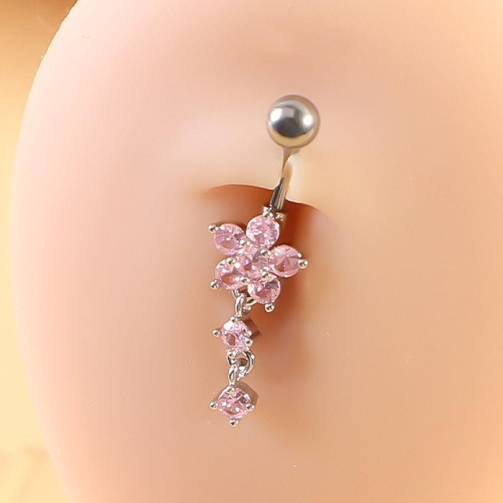 Rhinestone Flower Pendants Belly Button Ring Stainless Steel Body Piercing Jewelry Girls