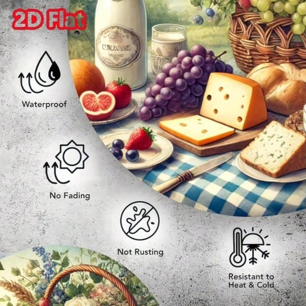 Kovové nástěnné umění Kuchyňská dekorace Rustikální design s jídlem Hliníková deska 8x8 palců Sýr Chléb Hrozny
