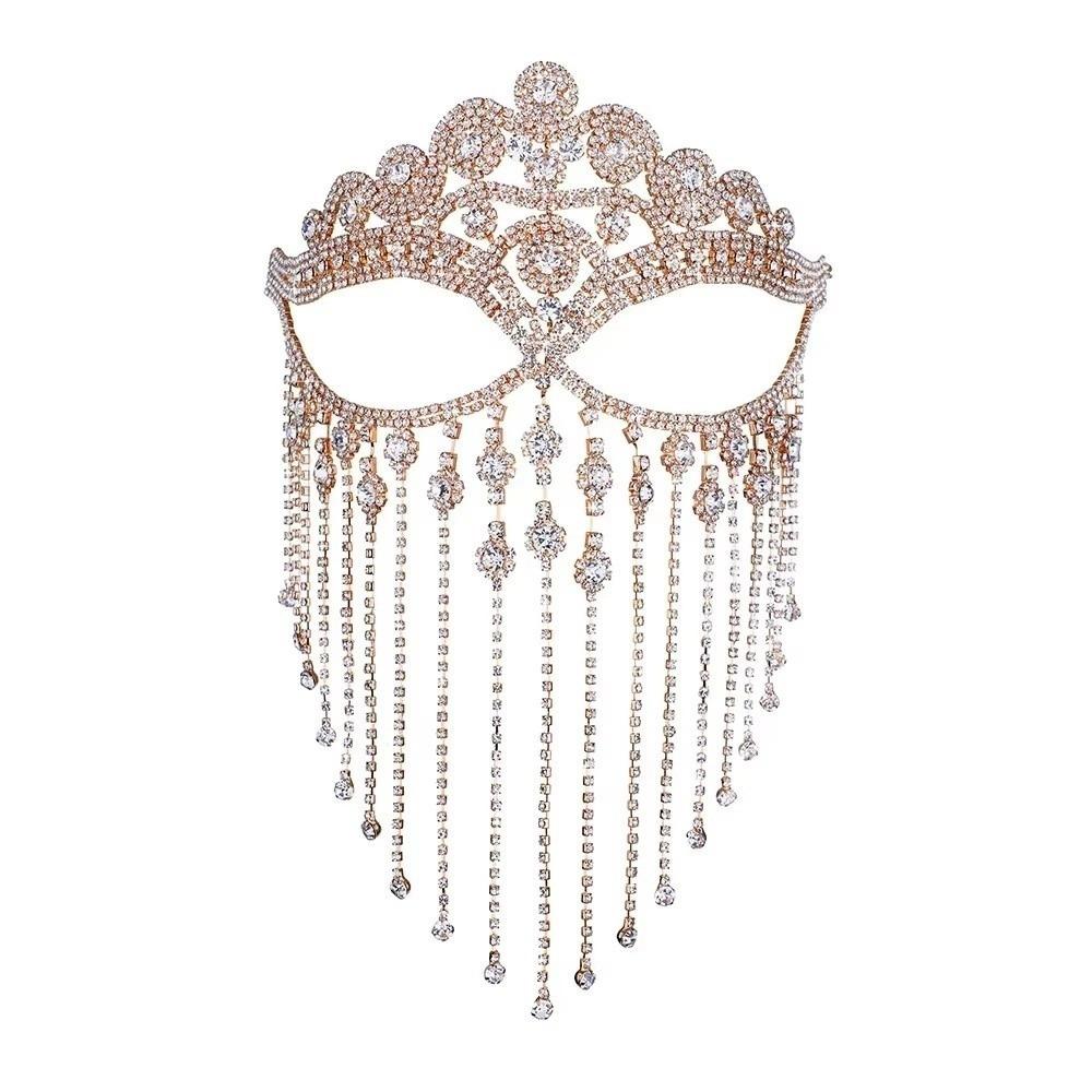Bohemian Style Retro Masquerade Mask Luxury Shiny Veil Mask Full Face Rhinestone Mask for Women золотой