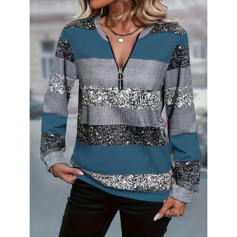 Women's casual striped zipper detail pullover, perfect for spring, summer and autumn