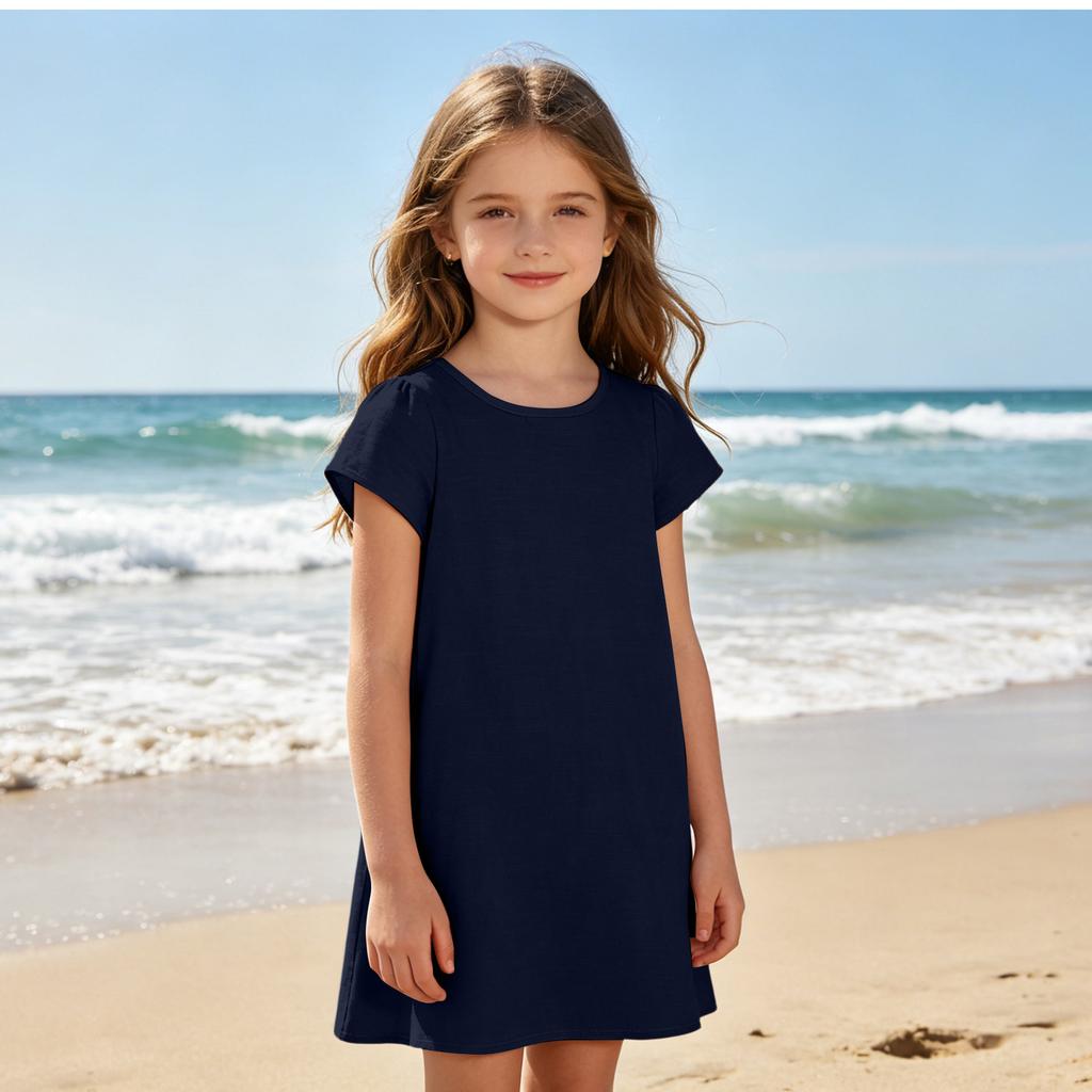 Girls Casual Short Sleeve Dress Lightweight Breathable Summer Dress Made from Cotton Linen Fabric Comfortable Fit Simple Design