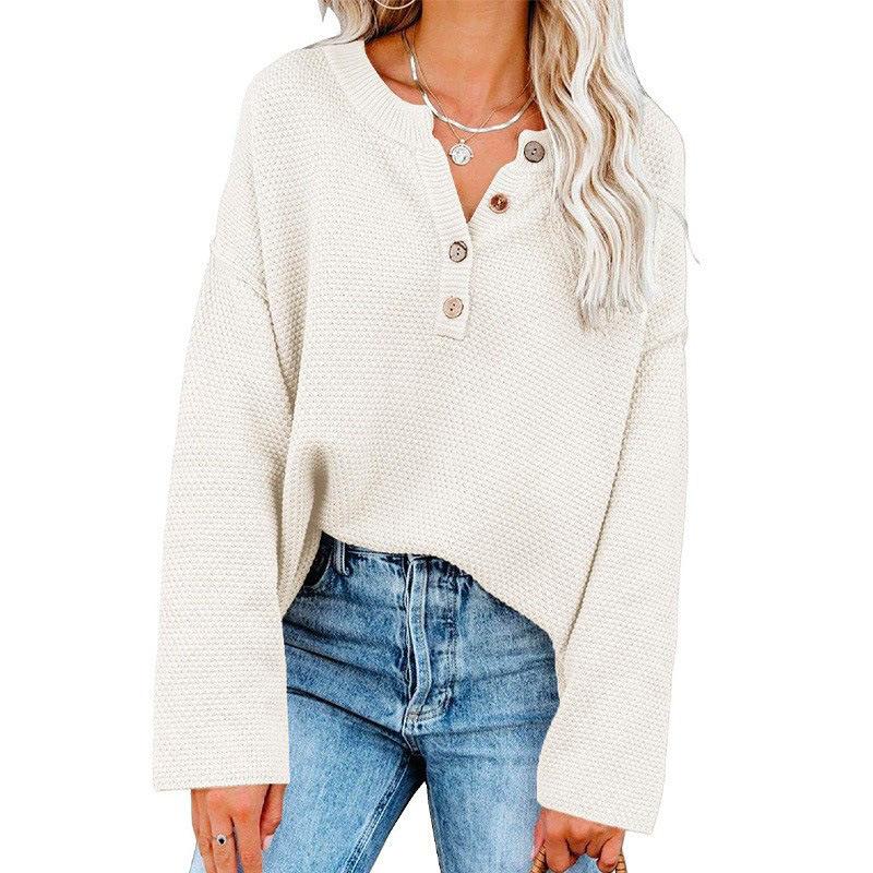 Button Up Pullover, Solid Color Pullover, V-neck Knit Sweater, Women's Streetwear, Trendy Sweater, Women's Plus Size, Worn Inside Out