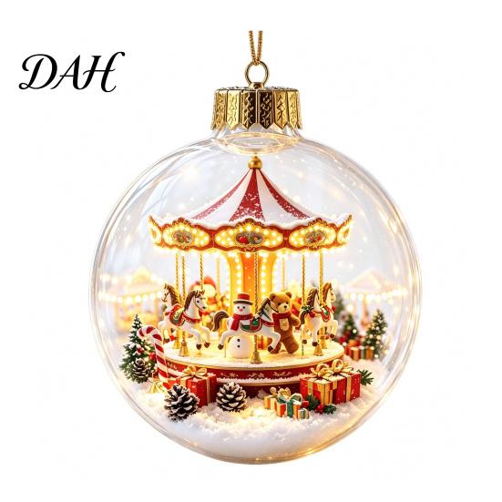 Unique Holiday Souvenirs Glowing Christmas Ball Ornaments, Light-Up with Mini Scene, Acrylic Clear Decorations Tree Hanging Decor Warm LED Light