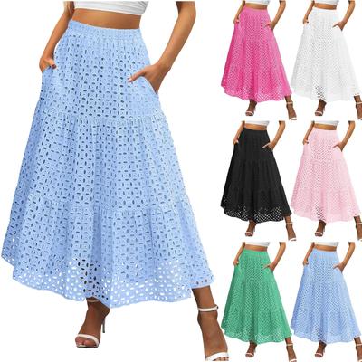 Moda Femenina Color Bohemio Hueco Cintura Alta Línea A Bolsillo Larga Casual Media Falda
