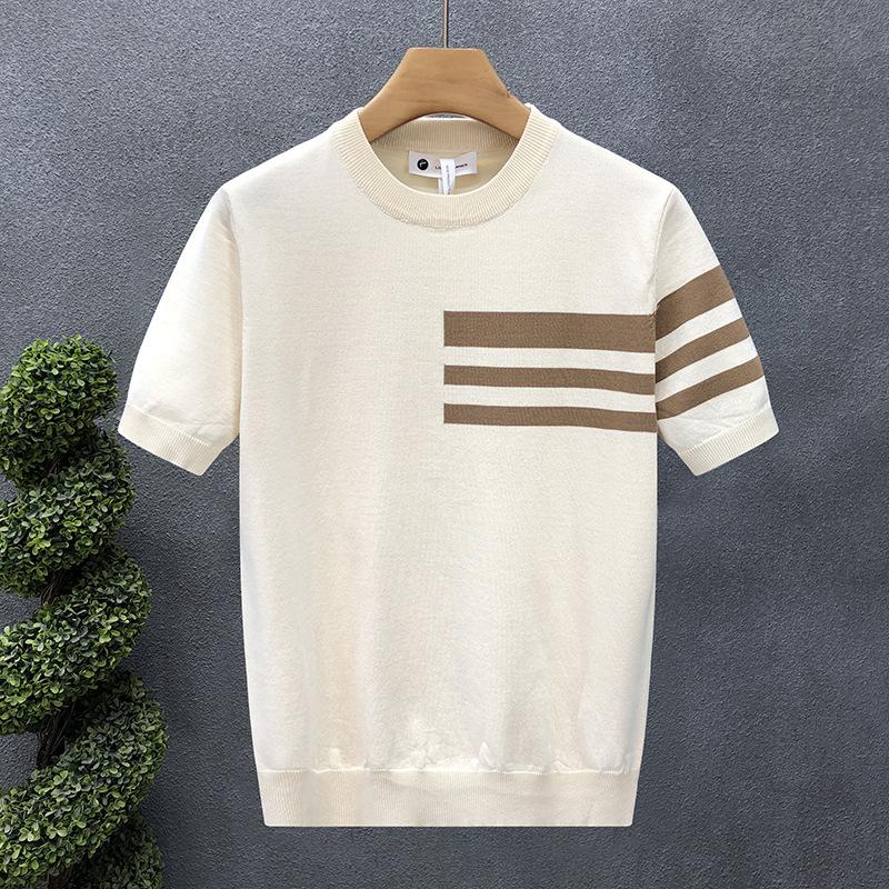 Summer new short-sleeved sweater men's striped simple business light mature slim ice silk T-shirt
