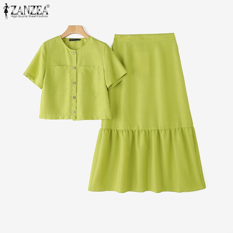 ZANZEA Two Pieces Women Sets Short Sleeve Crop Blouse and Long Skirts Outfits 