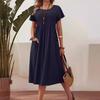 Plus Size Womens Summer Dress Cotton Linen Short Sleeve Round Neck Solid Color Pleated Pocket S-5XL