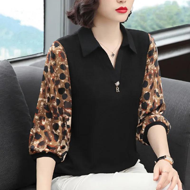 Women Spring Summer Casual Turn-down Collar Shirts Lady Plus Size Patchwork Chiffon Tops