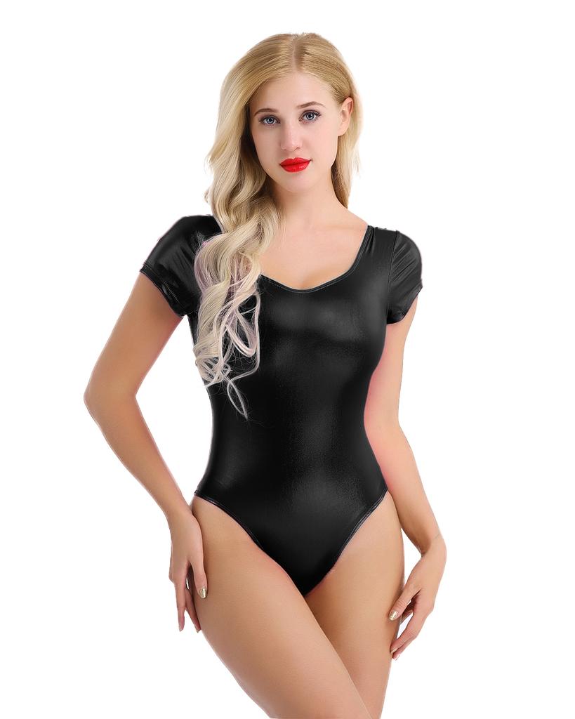 Damen Glänzendes Lackleder Einteiler Leotard Bodysuit Tanzbekleidung Bodys Badeanzug