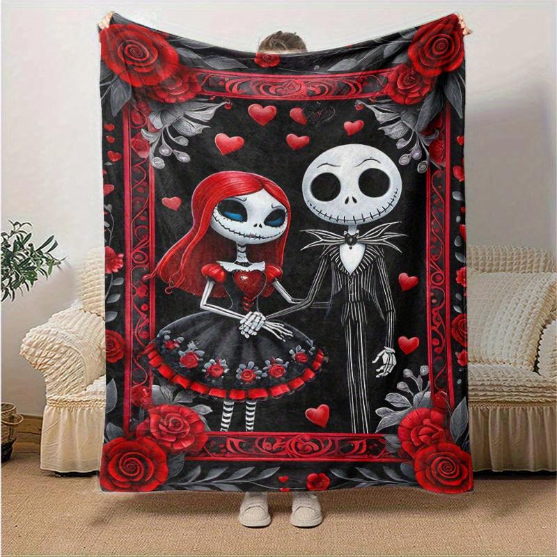 1pc, Cozy Home Decor: Jack and Sally Skeleton Couple Flannel Throw Blanket Gift for Bedroom, Living Room, Travel, Camping, Car