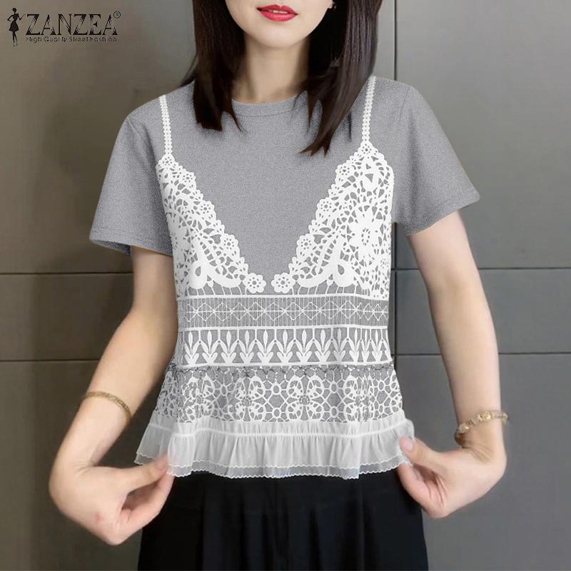 ZANZEA Women Casual Round Neck Lace Patchwork Summer Short Sleeve T-Shirt