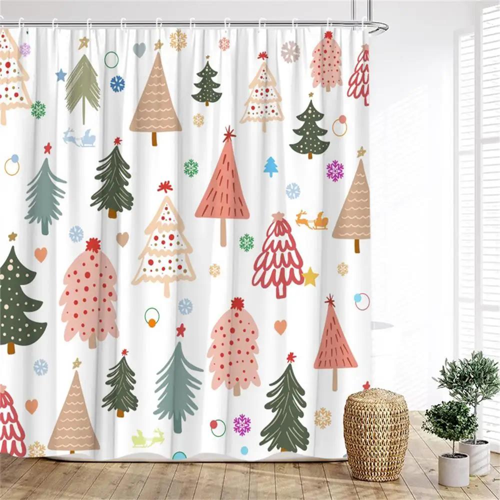 Funny Red Santa Claus Shower Curtain Gold Xmas Balls Gifts White Snowflakes Winter Christmas Bath Curtains Home Bathroom Decor