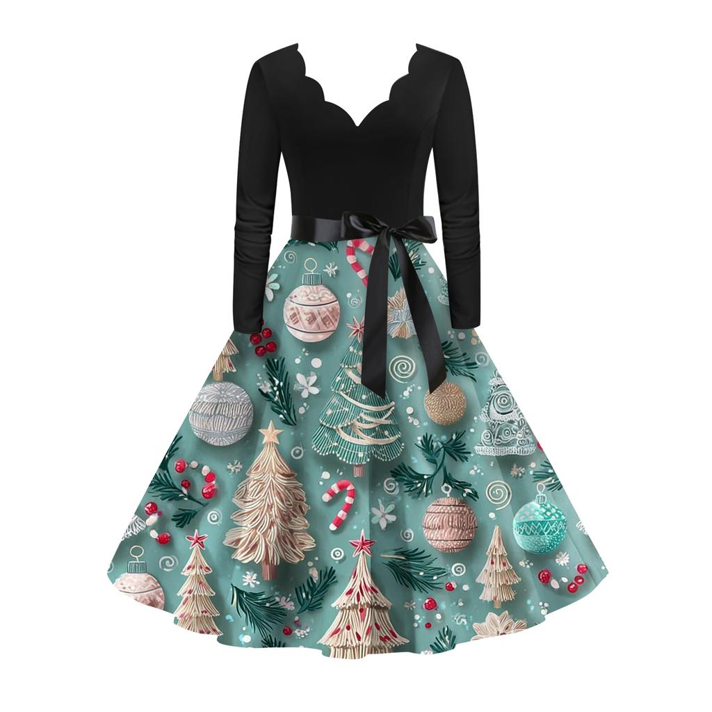 Women's Fashion Elegant Autmn and Winter Long Sleeve V-Neck Christmas Print Dress