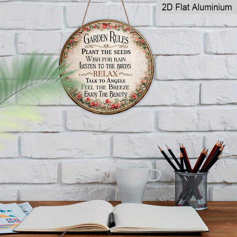 2D Flat, 1pc Round Aluminum Garden Rules Sign, Vintage "Garden Rules" Inspirational Quote, Vintage Floral Border Print with Pink Roses, Waterproof