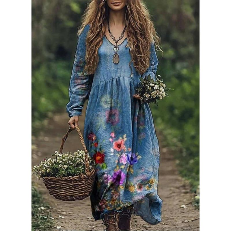 

DAFIFY Женская мода Весна Осень Цветочный принт Длинный рукав V-образный вырез Свободная талия Повседневные платья L