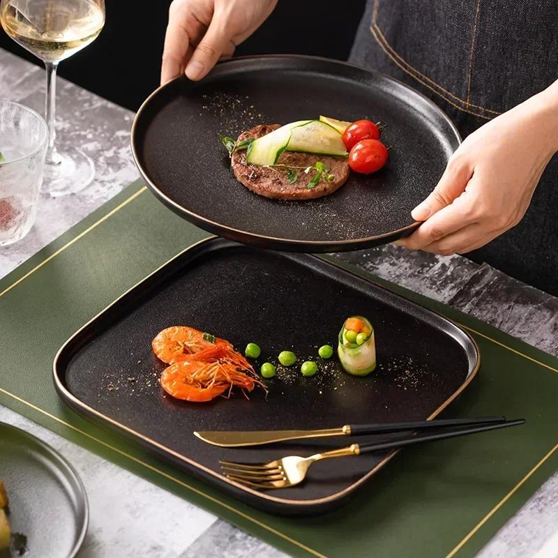 Black Frost Steak Plate 8-inch Household Square Gold Border Western Dining Plates Western Restaurant Italian Pasta Tableware