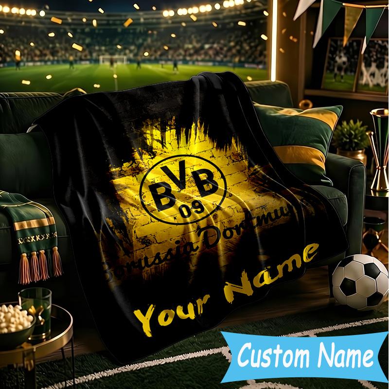 Custom Name Borussia Dortmund Flannel Blanket, Use for Birthday/Holiday Gift, Soft Blanket for Sofa/Bed/Camping/Office, Home Decor