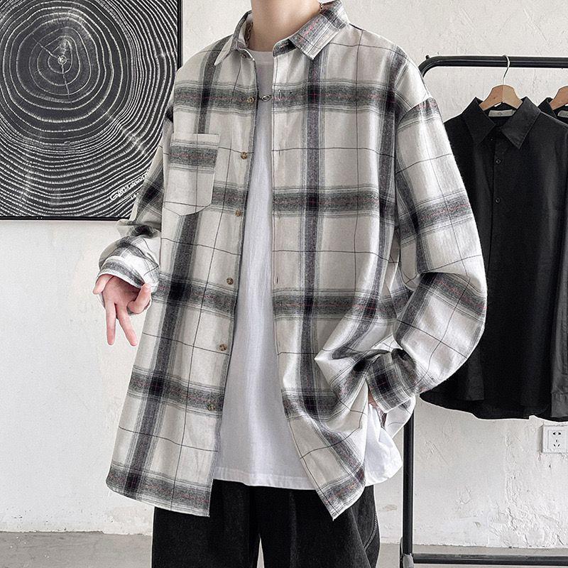 Men's Retro Black & White Plaid Long-Sleeve Shirt - Casual, Loose-Fit for Spring & Autumn