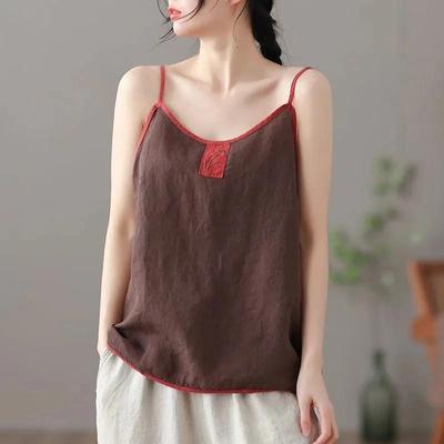 Coton Lin Réservoirs Camis Femmes Vintage Harajuku Chic Haut Décontracté Dames Brodé Gilet Sans Manches Fond Fronde Cami