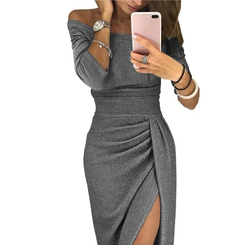 

Женское миди-платье бодикон с открытыми плечами 2025, Вечернее платье с блестками и разрезом, с деталями в виде оборок, Сексуальное формальное банкетное платье с длинными рукавами L серый