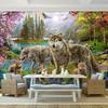Tapet Pădure Floare de Piersic Roșie 3d Pictură Murală de Perete Animal Lup Gri Copii Frescă Murală Decor Cameră Copil