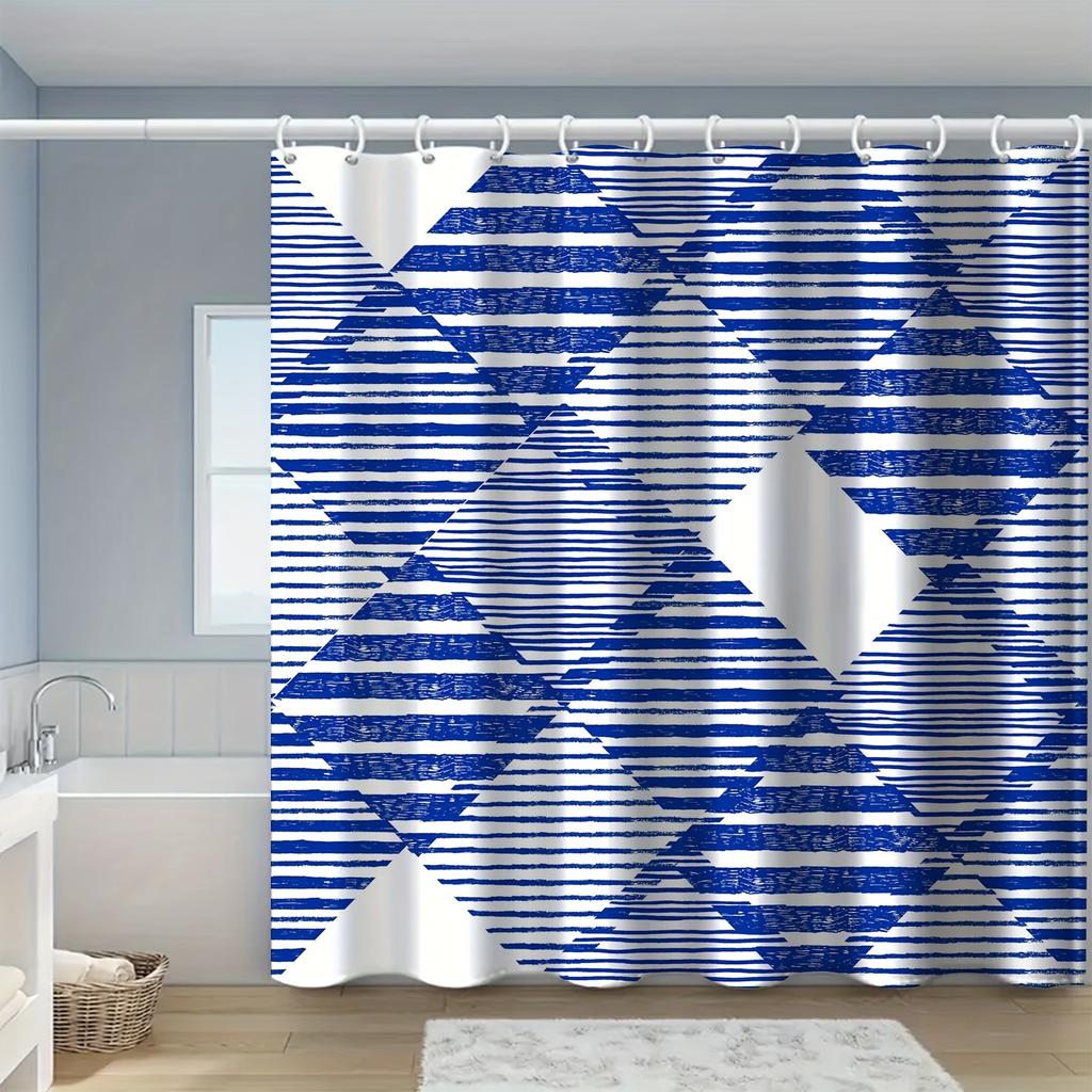 Modern Nordic Geometric Stripe Shower Curtain - Blue & White, Polyester Fabric, Includes Hooks, All-Season Bath Decor