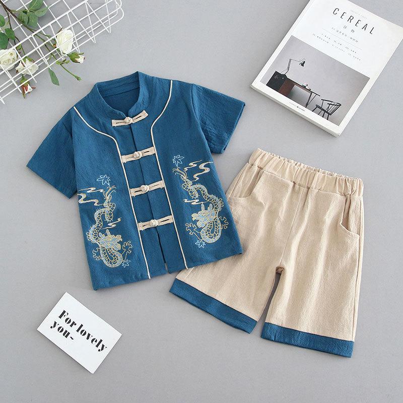 

Летний костюм ханбок с короткими рукавами для мальчиков, платье для годовалого ребенка, летний китайский костюм в стиле Тан, детский китайский стиль 140