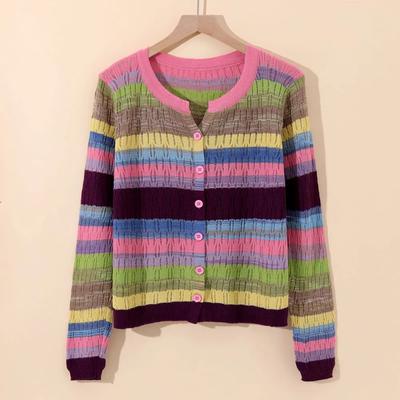 Spring Autumn Women Sweaters Cardigan V-Neck Color Striped Single Breasted Korean Fashion Casual Loose Long Sleeve Knitted Tops