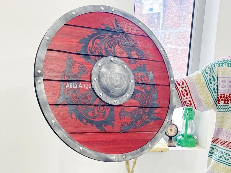 Fenrir Red Wolf Viking Shield: Norse Mythology Decor - Valhalla Cosplay