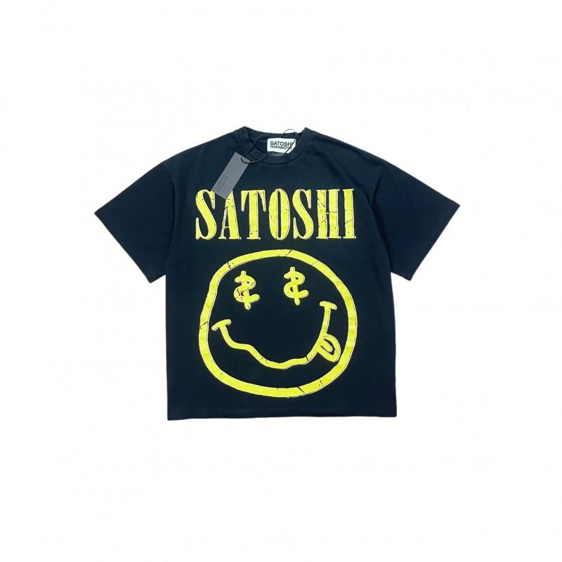T-shirt Coton Surdimensionné Homme Avec Impression Graphique Satoshi Lavage Vintage Hip Hop Streetwear Manches Courtes